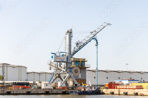 A small cargo crane for unloading tankers is docked at the Haifa cargo port on the Mediterranean in Israel