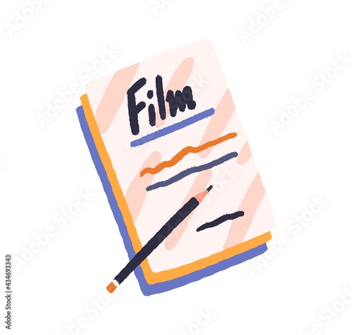 Film scenario papers and pencil. Handwritten movie script, screenplay copy. Cinema storyboard. Screen play writing concept. Colored flat vector illustration isolated on white background