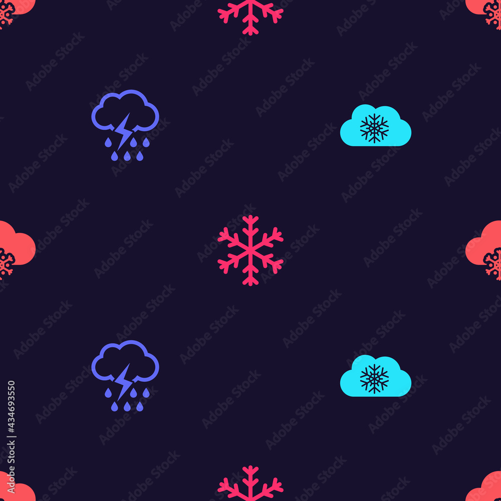 Set Cloud with snow, rain and lightning, Snowflake and on seamless pattern. Vector Set Cloud with snow, rain and lightning, Snowflake and on seamless pattern. Vector