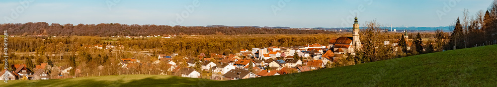Obraz premium High resolution stitched panorama of a beautiful alpine spring view at Tittmoning, Bavaria, Germany with the famous Schafberg summit in the background