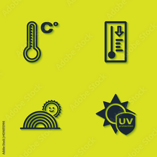 Set Meteorology thermometer, UV protection, Rainbow with sun and icon. Vector