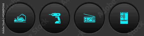 Set Electric planer tool, cordless screwdriver, Radio and Refrigerator icon. Vector