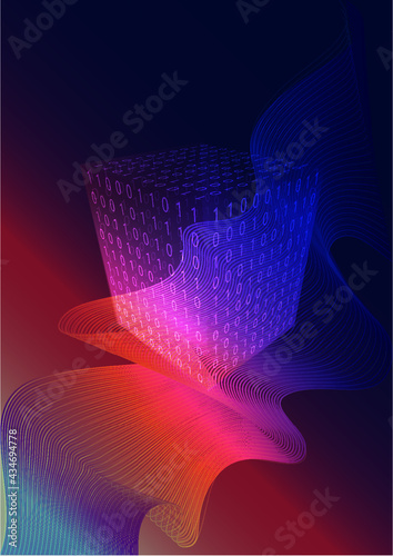 3d cube with binary code, abstraction, lines, gradient, technology, data stream, encryption