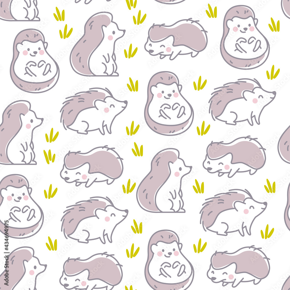 Seamless pattern with cute funny little hedgehogs isolated on white background. Vector flat hand drawn illustration. For cards, packaging design, wrappring paper. Seamless pattern with cute funny little hedgehogs isolated on white background. Vector flat hand drawn illustration. For cards, packaging design, wrappring paper.
