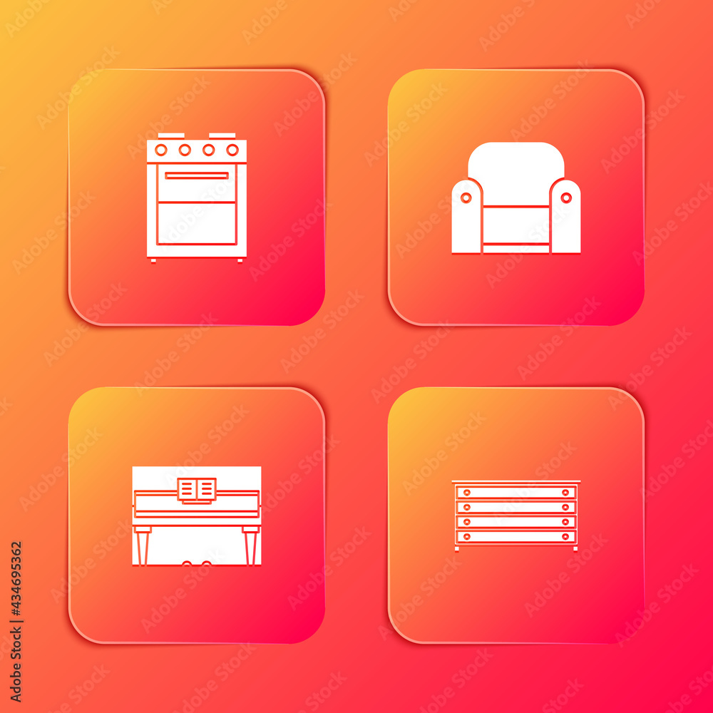 Set Oven, Armchair, Grand piano and Chest of drawers icon. Vector