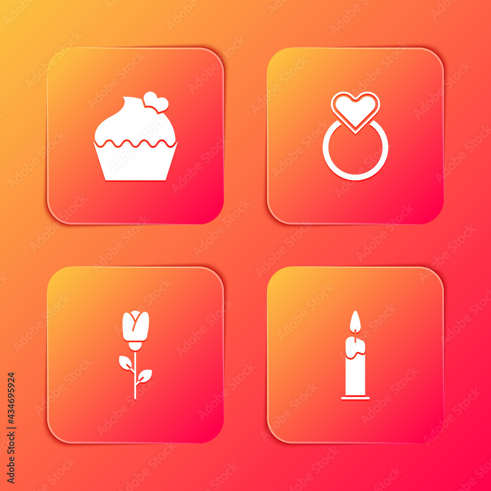 Set Wedding cake with heart, rings, Flower rose and Burning candle icon. Vector Set Wedding cake with heart, rings, Flower rose and Burning candle icon. Vector