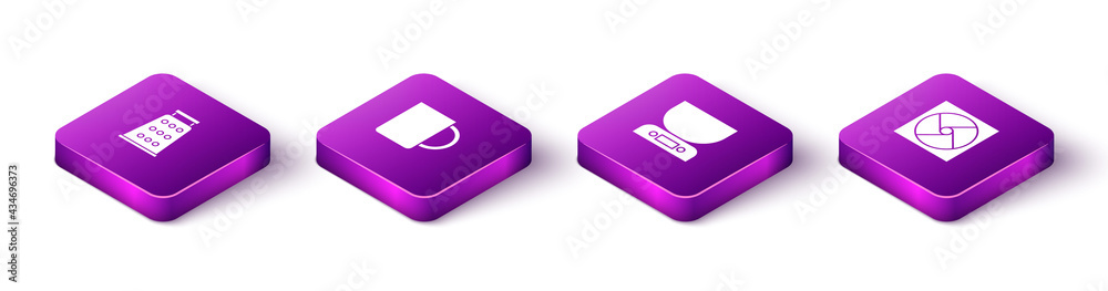 Set Isometric Grater, Coffee cup, Electronic scales and Ventilation icon. Vector Set Isometric Grater, Coffee cup, Electronic scales and Ventilation icon. Vector