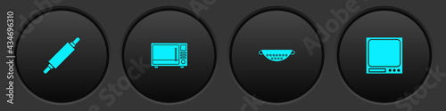 Set Rolling pin, Microwave oven, Kitchen colander and Electronic scales icon. Vector