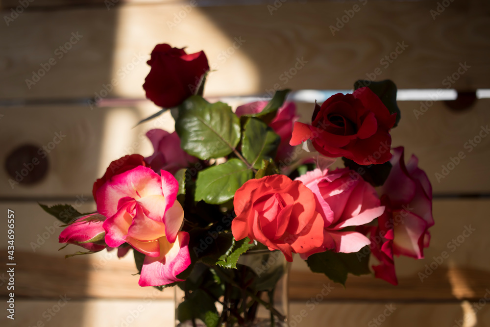 Roses of various colors standing in a vase isolated against natural light and old wood background.