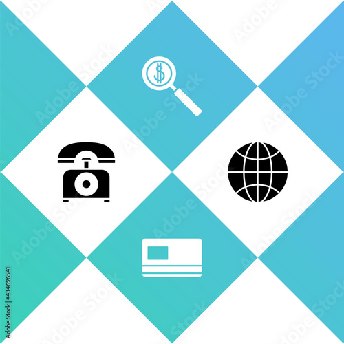 Set Telephone, Credit card, Magnifying glass and dollar and Worldwide icon. Vector