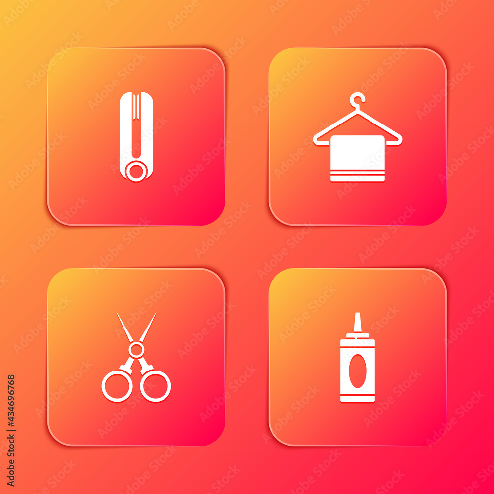 Set Curling iron for hair, Towel hanger, Scissors hairdresser and Bottle of shampoo icon. Vector Set Curling iron for hair, Towel hanger, Scissors hairdresser and Bottle of shampoo icon. Vector