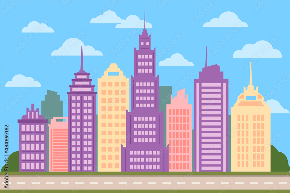 Skyscrapers, high and middle buildings with windows, road, clouds and blue sky. Flat architecture illustration.