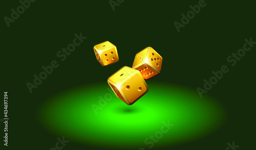 Golden dice on casino table. Online casino dice gambling concept 