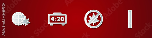 Set Legalize marijuana globe, Digital alarm clock, Stop or cannabis leaf and Marijuana joint icon. Vector