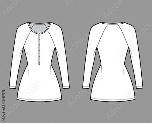 Dress henley collar technical fashion illustration with long raglan sleeves, fitted body, mini length pencil skirt. Flat apparel front, back, white color style. Women, men unisex CAD mockup