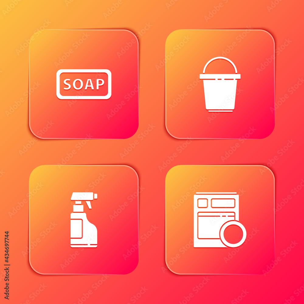 Set Bar of soap, Bucket, Spray bottle with detergent liquid and Kitchen dishwasher machine icon. Vector Set Bar of soap, Bucket, Spray bottle with detergent liquid and Kitchen dishwasher machine icon. Vector