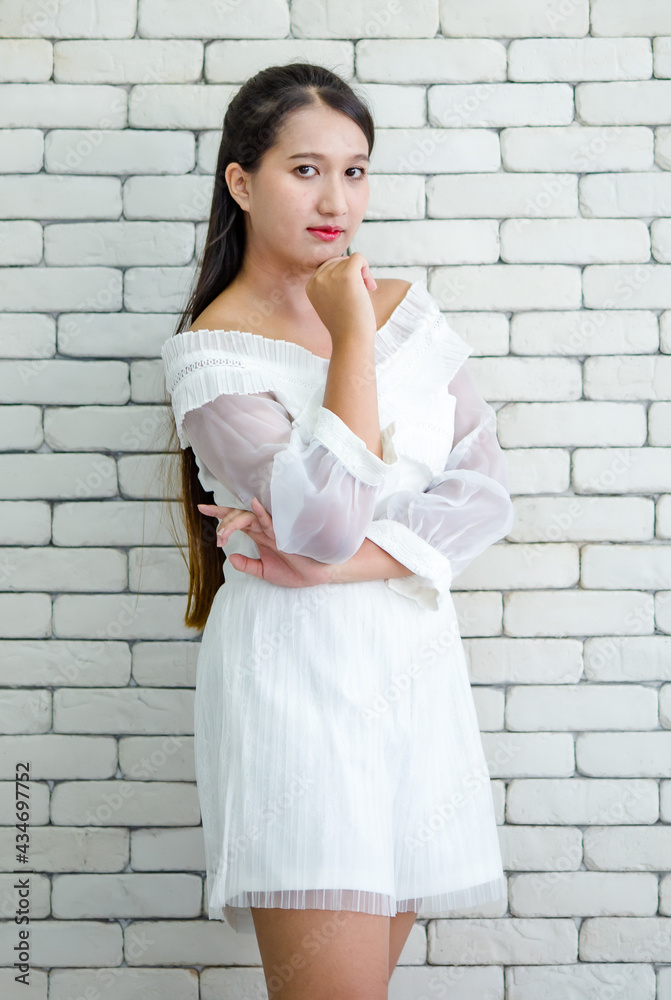 Smiling elegant woman in dress on brick wall background