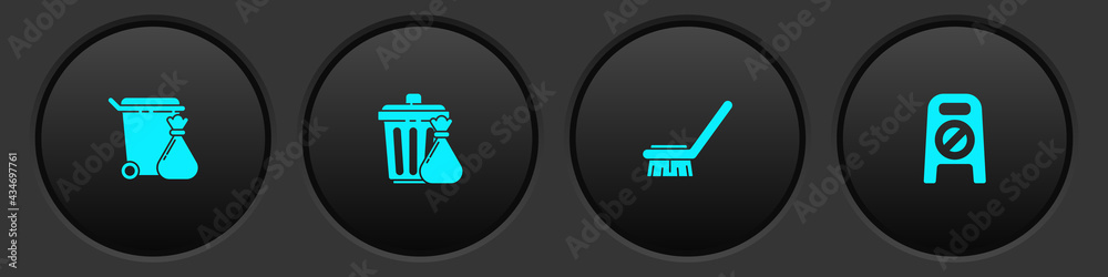 Set Trash can and garbage bag, , Brush for cleaning and Wet floor progress icon. Vector - obrazy, fototapety, plakaty 