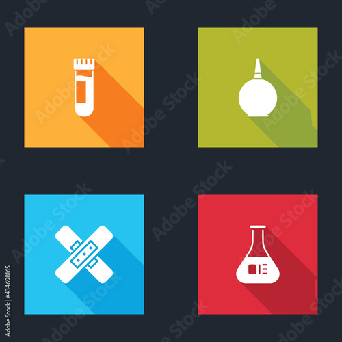 Set Test tube with blood, Enema, Crossed bandage plaster and flask icon. Vector