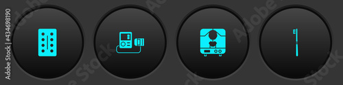 Set Pills in blister pack, Blood pressure, X-ray machine and Toothbrush icon. Vector