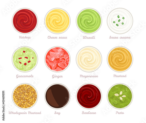 Set of sauces top view. Vector illustration of ketchup, cheese sauce, wasabi, sour cream, guacamole, ginger, mayonnaise, mustard, soy, barbecue, pesto and whole grain mustard. Cartoon flat condiment.