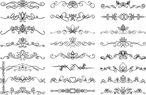 Floral text divider set. Colection of text dividing flourish linear ornaments, with floral elements. Vector paragraph dividers in black color isolated on white background.