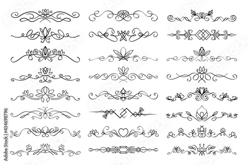 Floral text divider set. Colection of text dividing flourish linear ornaments, with floral elements. paragraph dividers in black color isolated on white background.