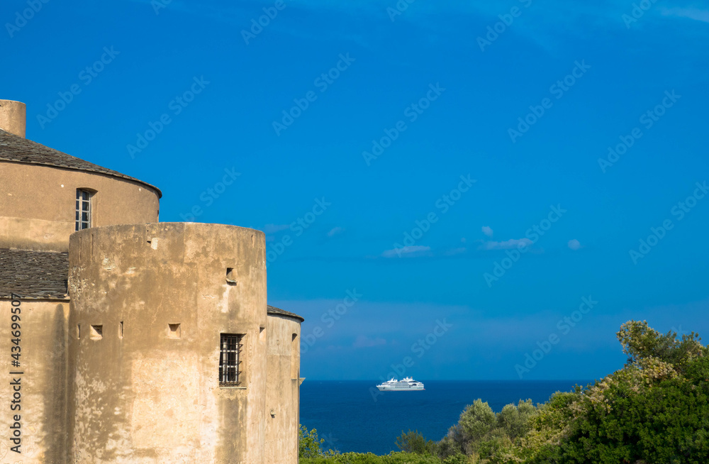 Old genoese citadel in Saint-Florent with wonderful view of the mediterranean sea. Corsica Island, France.