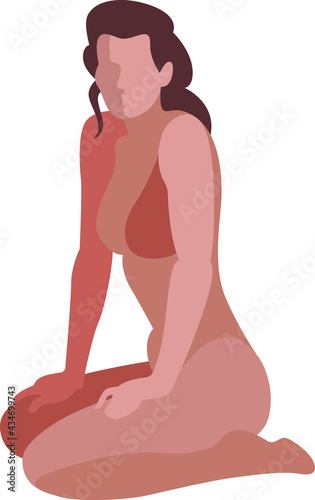Portrait of a nude slender seated woman. Female beauty, long hair. Minimalistic female image. Girl sitting.Flat color design illustration.