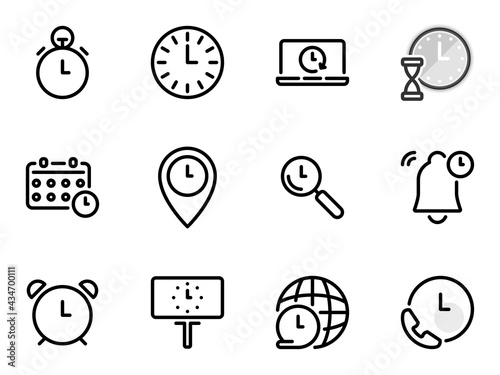 Set of black vector icons, isolated against white background. Flat illustration on a theme hours, break and scheduling