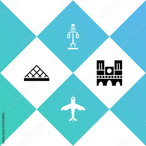 Set Louvre museum, Plane, Street light and Notre Dame icon. Vector