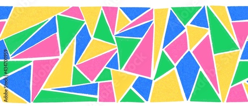 Seamless border abstract triangle shapes. Repeating childish horizontal pattern hand drawn pink blue green yellow. Abstract border for kids decor, card, birthday invite, children decor, footer.