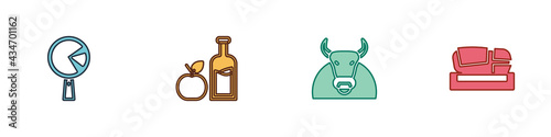 Set Omelette in frying pan, Apple cider bottle, Bull and Stadium Mestalla icon. Vector