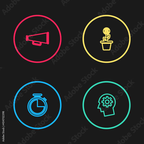Set line Stopwatch, Human head with gear inside, Dollar plant the pot and Megaphone icon. Vector