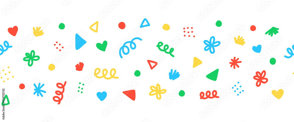 Seamless border with colorful decorative scribble shapes party sprinkles. Repeating horizontal banner vector pattern doodle shapes. Use as footer, divider, ribbon, trim, party decor, kids party.