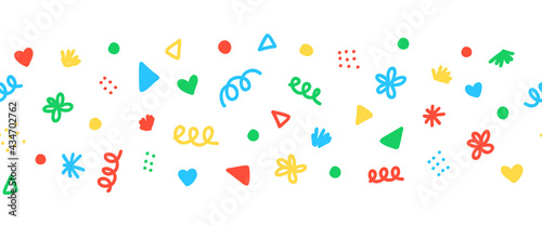 Seamless border with colorful decorative scribble shapes party sprinkles. Repeating horizontal banner vector pattern doodle shapes. Use as footer, divider, ribbon, trim, party decor, kids party.