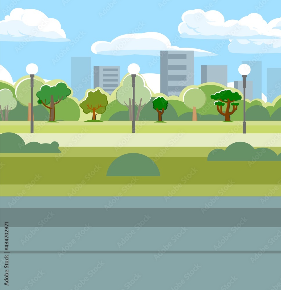 Park area against the background of the city. Lawn. Trees and lanterns. Beautiful summer cityscape. A place to relax, walk and date. Beautiful picture. Vector