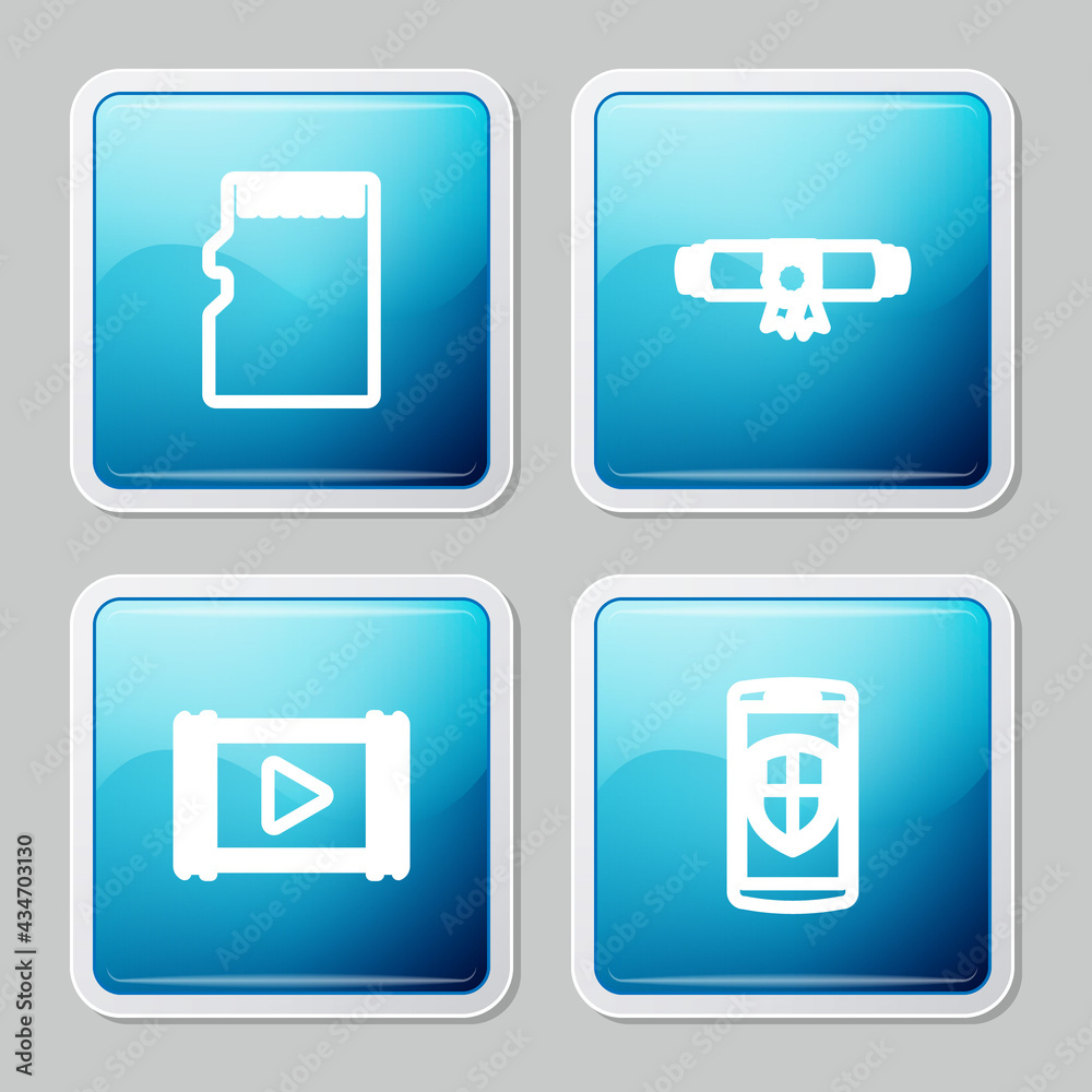 Set line Micro SD memory card, Diploma rolled scroll, Play Video and Smartphone with shield icon. Vector Set line Micro SD memory card, Diploma rolled scroll, Play Video and Smartphone with shield icon. Vector