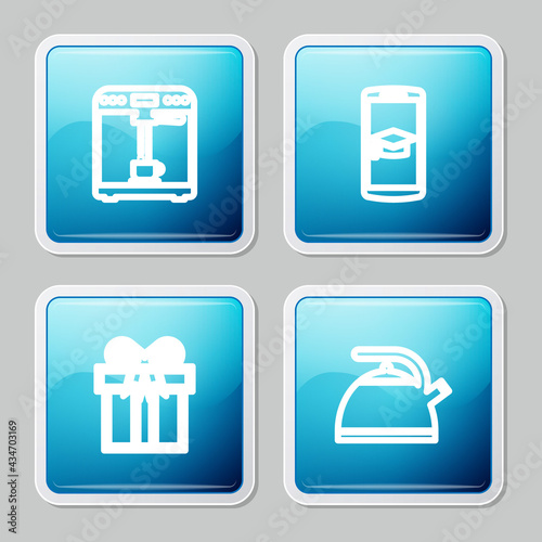 Set line Coffee machine and cup, Graduation cap on mobile, Gift box and Kettle with handle icon. Vector