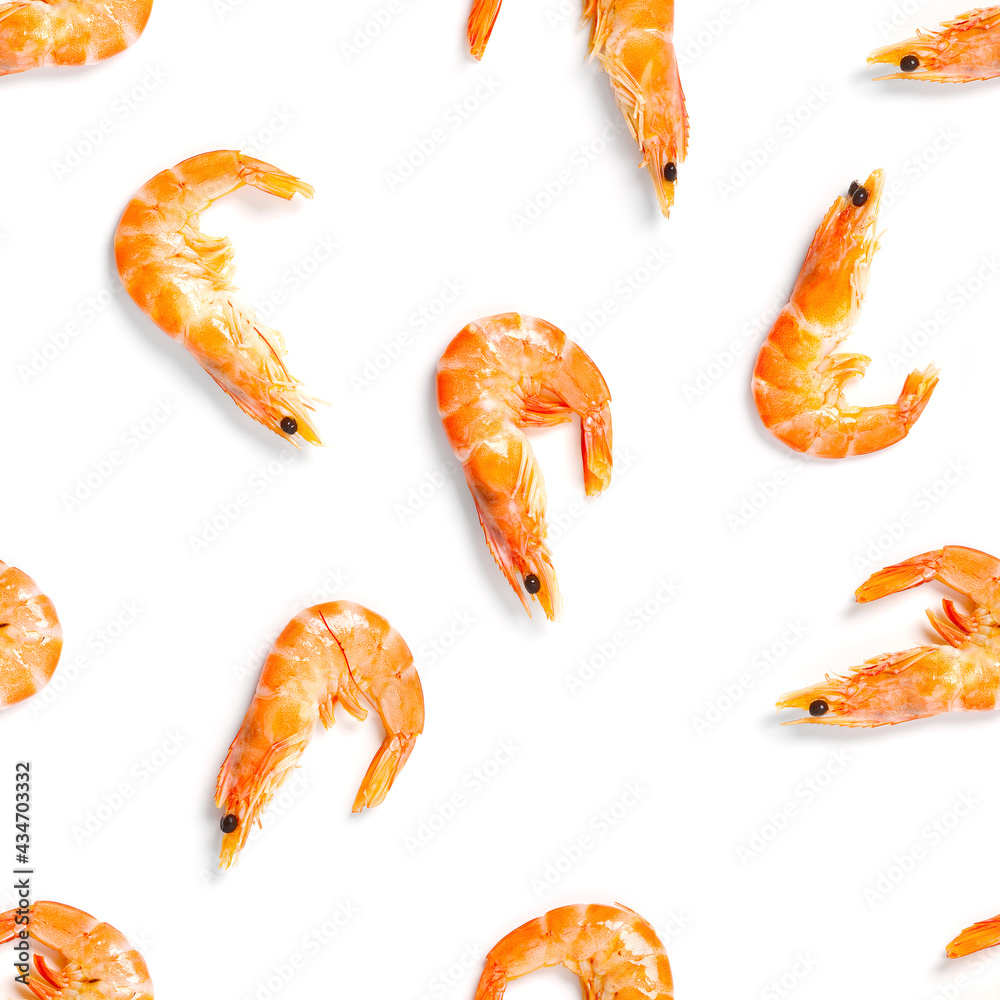 Seamless pattern made from Prawn isolated on a white background. Tiger shrimp. Seafood seamless pattern with shrimps. seafood pattern
