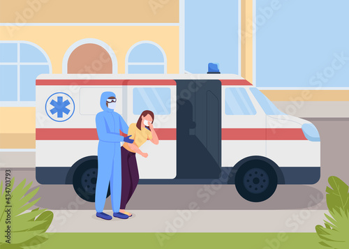 Emergency medical service flat color vector illustration. Covid suspect patient transfer. Patient with coronavirus disease and paramedic 2D cartoon faceless characters with ambulance on background