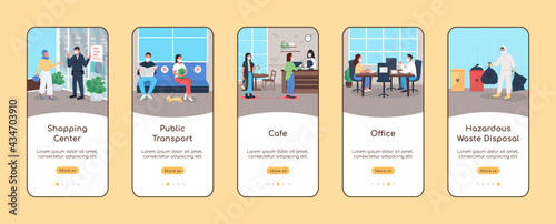 New normal for public spaces onboarding mobile app screen flat vector template. Hazardous waste. Walkthrough website steps with characters. UX, UI, GUI smartphone cartoon interface, case prints set