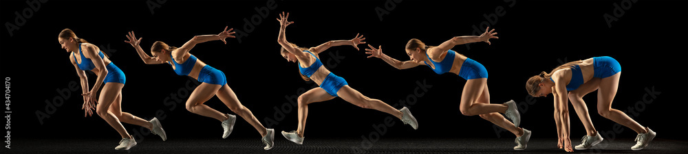 Collage of different photos of professional sportswoman, runner, jogger in action and motion isolated on black background. Flyer.