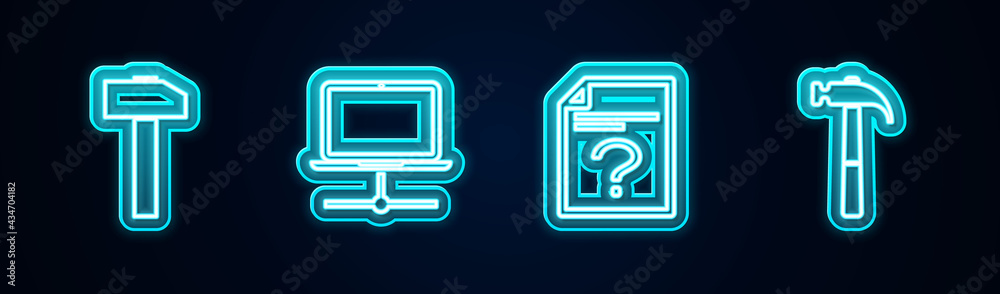 Set line Hammer, Computer network, Unknown document and . Glowing neon icon. Vector Set line Hammer, Computer network, Unknown document and . Glowing neon icon. Vector