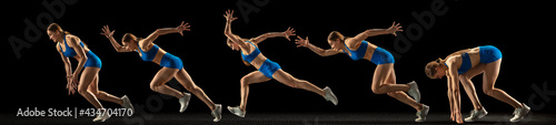 Collage of different photos of professional sportswoman, runner, jogger in action and motion isolated on black background. Flyer.