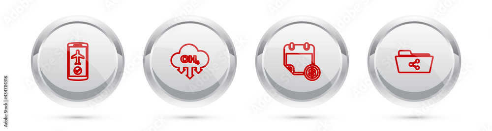 Set line Flight mode in the mobile, Methane emissions reduction, Financial calendar and Share folder. Silver circle button. Vector Set line Flight mode in the mobile, Methane emissions reduction, Financial calendar and Share folder. Silver circle button. Vector