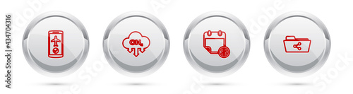 Set line Flight mode in the mobile, Methane emissions reduction, Financial calendar and Share folder. Silver circle button. Vector