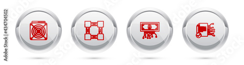 Set line ASIC Miner, Blockchain technology, Cryptocurrency bitcoin with circuit and Smart contract. Silver circle button. Vector