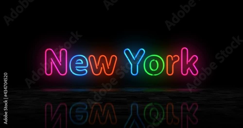New York symbol neon glowing symbol. Light color bulbs with city club sign. Abstract concept 3d animation.