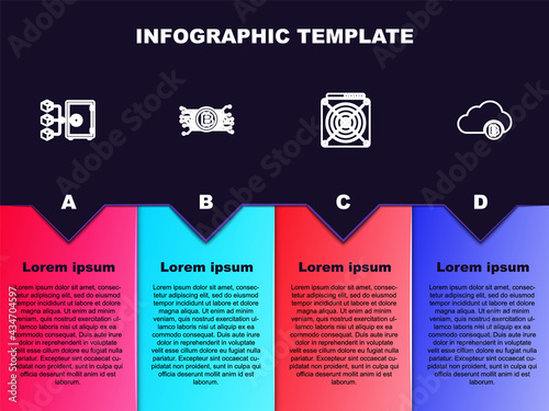 Set line Proof of stake, Cryptocurrency bitcoin in circuit, ASIC Miner and cloud mining. Business infographic template. Vector